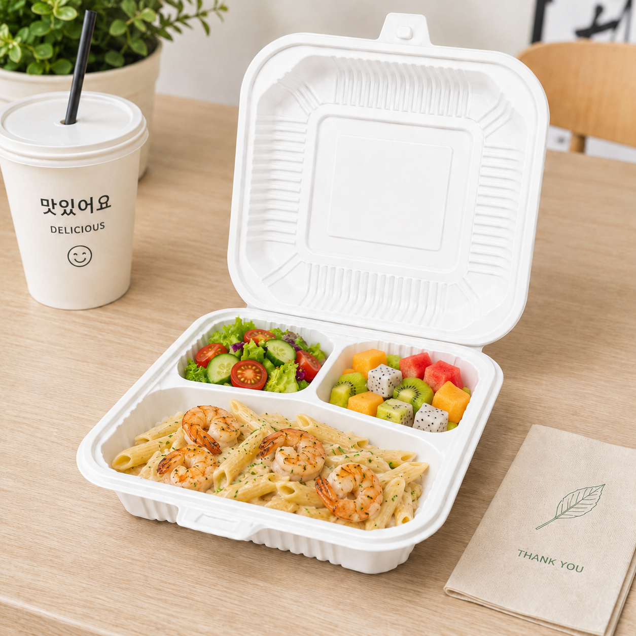 LB-73 PP Clamshell Takeaway Boxes Three Compartment for Portion Controlled Meals