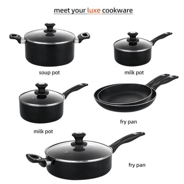 Hot Sale 10 Pcs Aluminum Cooking Pot Set Custom Pots And Pans Cookware Black Nonstick Cookware Sets With Glass Lid