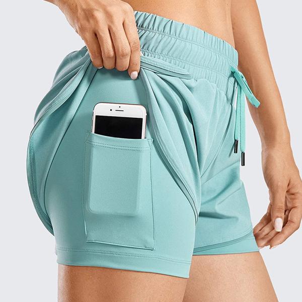 100gsm 2 em 1 dupla camada do short do exercício das mulheres de corrida das mulheres do short