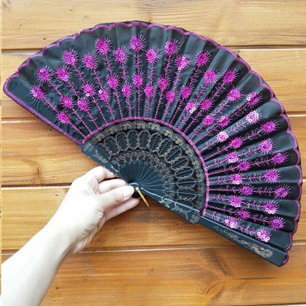 [I AM YOUR FANS] Embroidery Sequin Hand Fan Classic Plastic Frame Fabric Dancing Hand Fan for Holiday Events Wedding