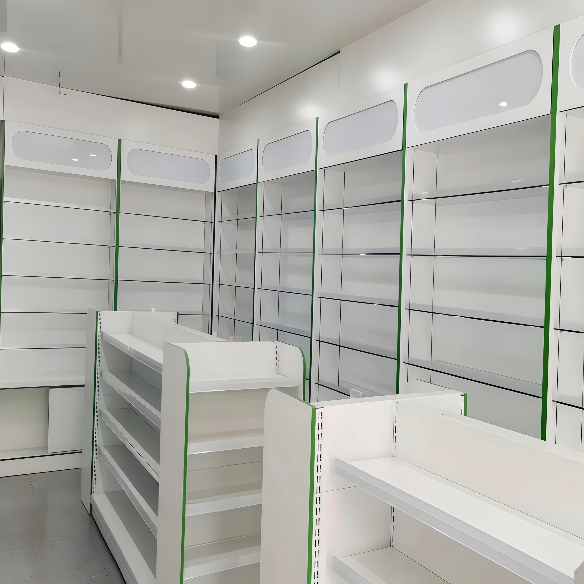 Wooden Pharmacy Wall Shelves and Custom Medical Display Cabinets for Retail Drugstore Store Decoration