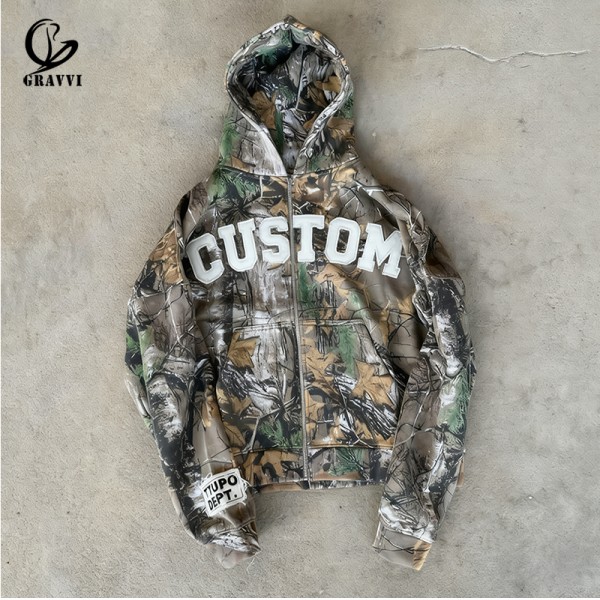 Custom Camouflage Streetwear Print Oversized Zip Up Hoodies With Pocket