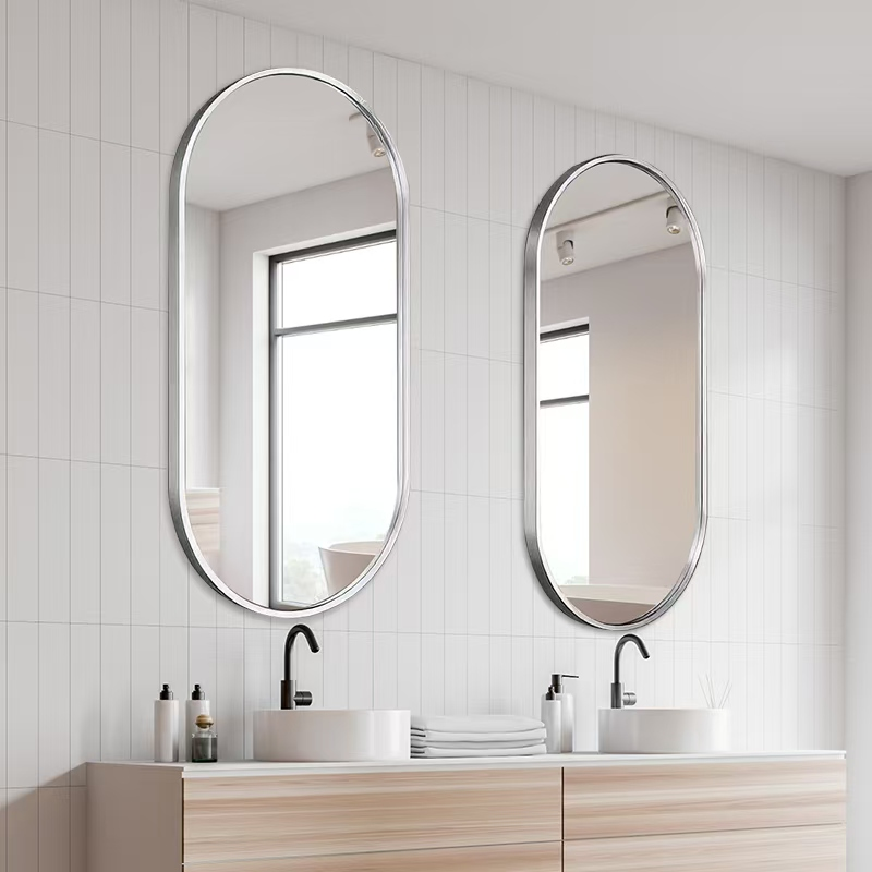 Kingstin Modern Oval Bathroom Mirror, Brushed Silver Stainless Steel Frame, Wall-Mounted Minimalist Vanity Mirror, Customizable