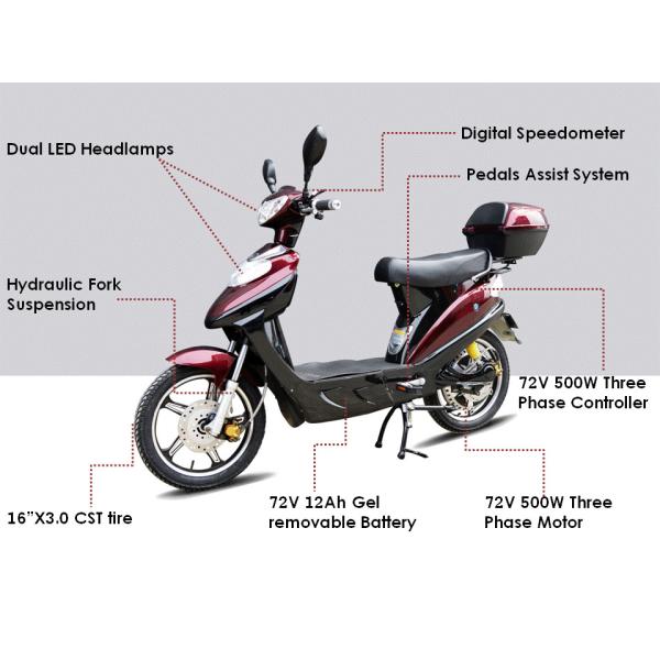 72V 500W Pedal Assisted Electric Scooter , Electric Moped Scooter With Pedals