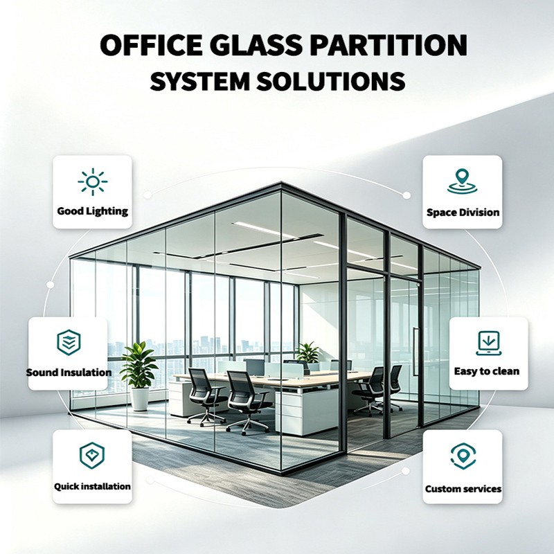 Customized Size Modular Glass Office Partition System with Soundproofing Strips and Powder-Coated Aluminum Frame