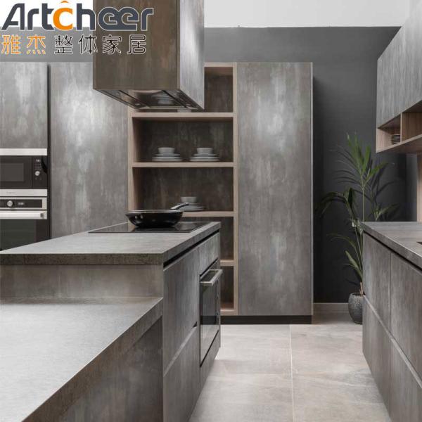 Modern Kitchen Furniture with Dark Grey Marble Look Finish and Flat Edge Countertop