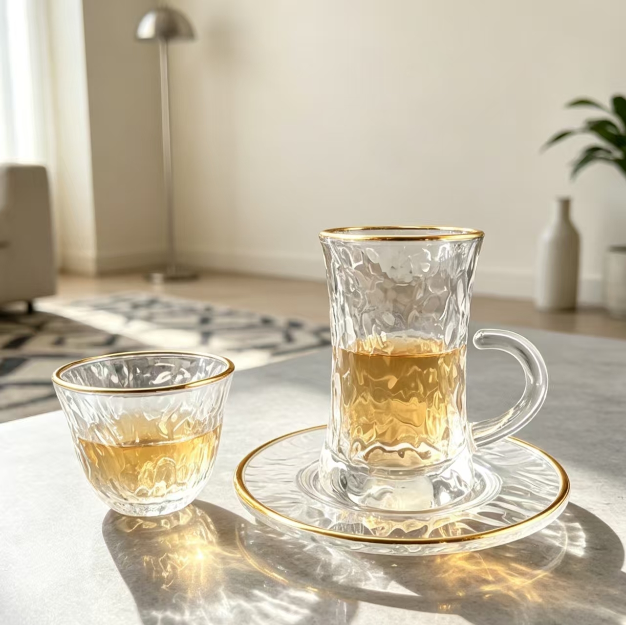 High Quality Middle Eastern Style Gold Rim Clear Glass Coffee Cup & Saucer Sets, Premium Transparent Glass Cups for Home & Gifts