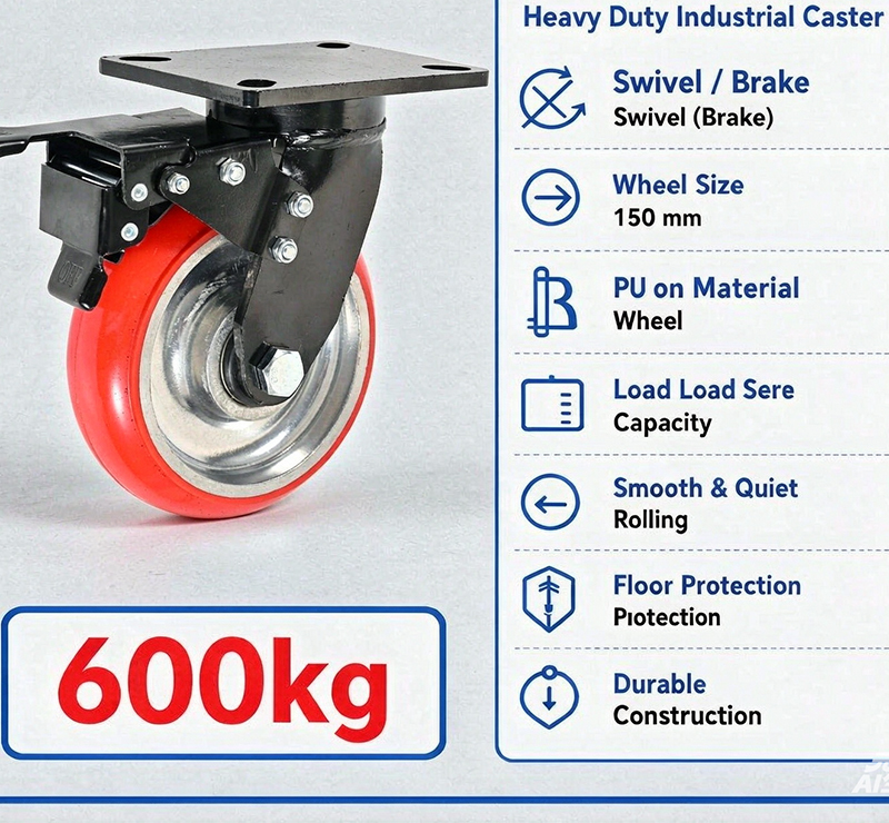 6 Inch Heavy Duty Brake Caster 600kg PU Wheel Lockable Aluminon Core Shock