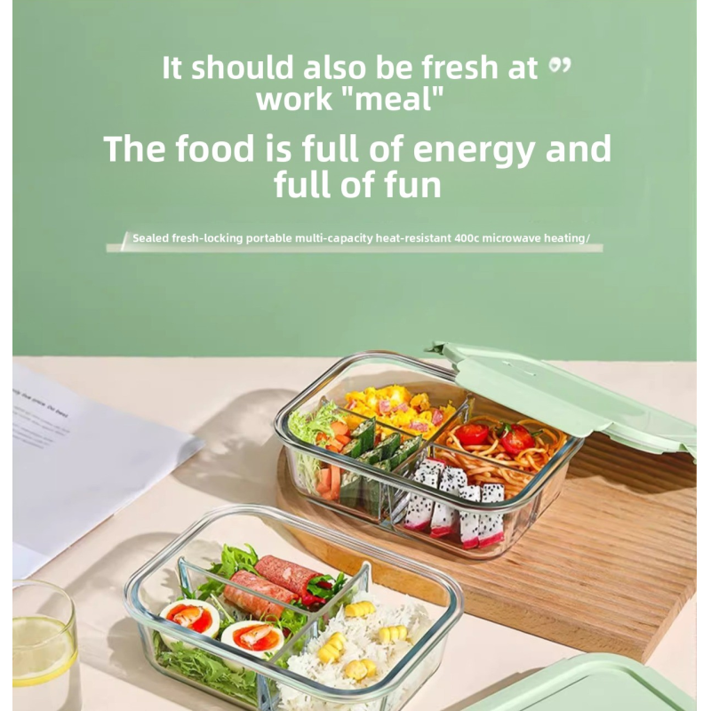 Microwave Safe Bento Box Heatable Food Box with Glass Bowl and Plastic Lids for Office Workers