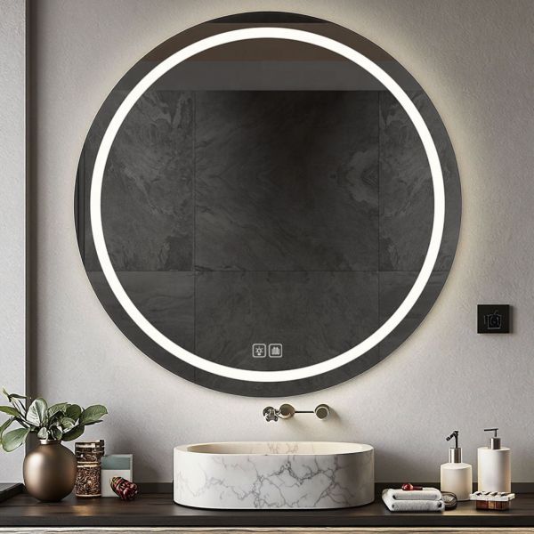 Kingstin Smart Round LED Bathroom Mirror, Frameless Vanity Mirror, 3-Color Light, Anti-Fog, Custom Size, Bluetooth