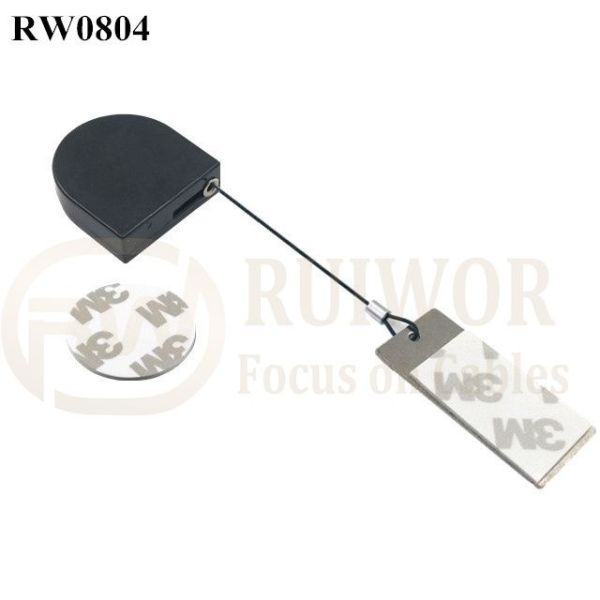 RW0804 D-Shaped Micro Retractable Tether Plus 45X19mm Rectangular Sticky Metal Plate