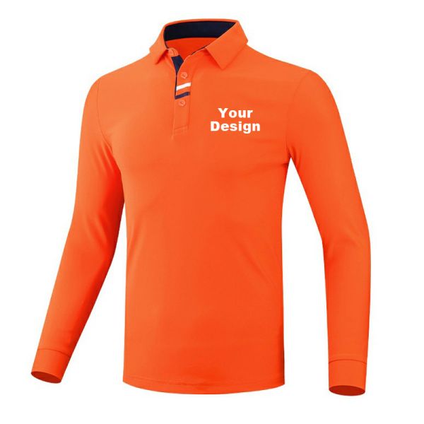 Custom Logo Men Regular Fit Long Sleeve Golf Polo Shirt, 92%/90% Polyester 8%/10% Spandex Medium Stretch Quick Dry Athletic Golf Training Top Custom Color