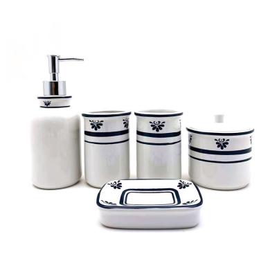 7.6X19.5CM Acessórios Cerâmicos de Banho Conjunto Decal Azul Impressão Dispensador de Sabão Cerâmico Branco