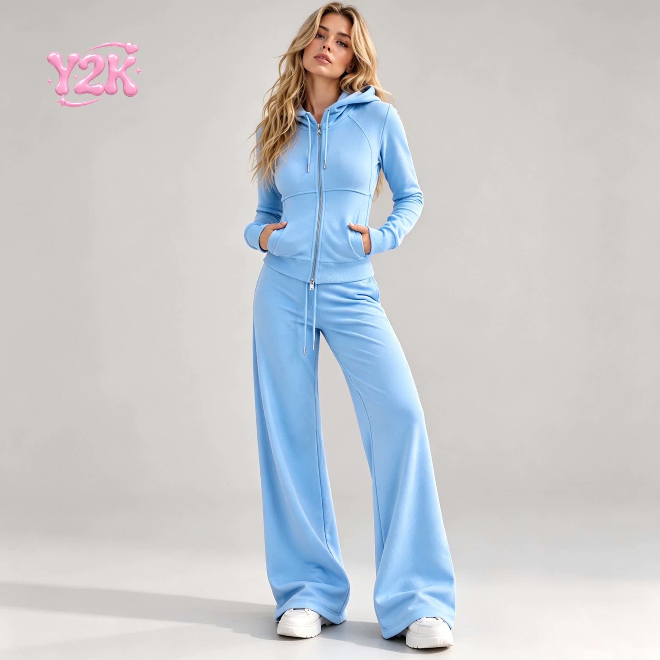 Custom Women Tracksuit Fitted Zip Hoodie Wide Leg Sweatpants Cotton Fleece Y2K Casual Lounge Streetwear Two Piece Outfit Set