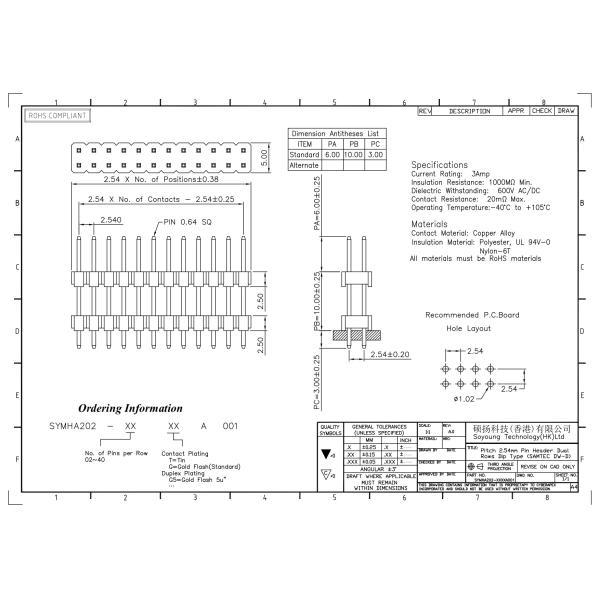 ТИП 2 *2PIN ПОГРУЖЕНИЯ строки заголовка 1000MΩ 2.54mm Pin двойное к 2*40PIN H=2.54MM