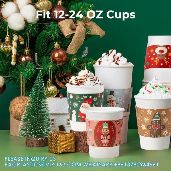 Christmas Paper Coffee Cups With Sleeves Lids 12 Oz Xmas Disposable Party Cup Christmas Tree Hot Cocoa Cups