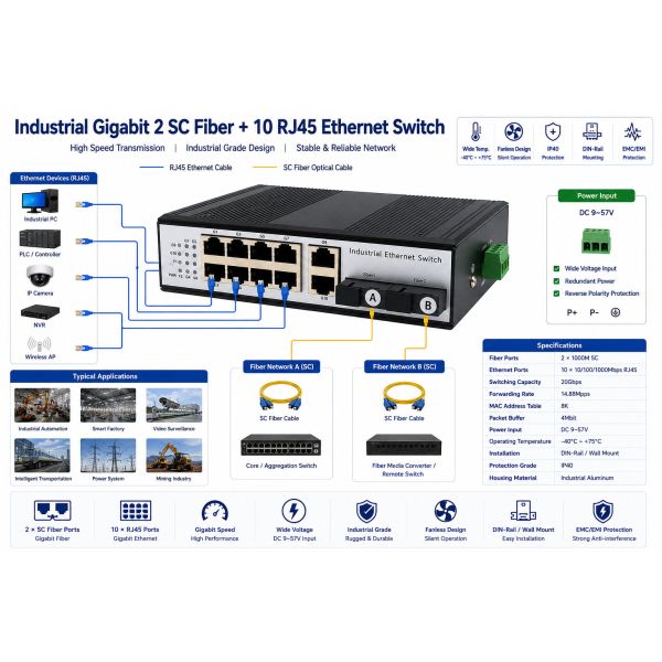 Industrial Gigabit Fiber Ethernet Switch 2 SC Fiber 10 RJ45 Ethernet Ports