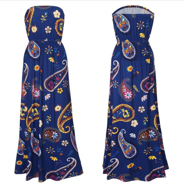 European-style fashion strapless printed long billowing skirt maxi sexy dress