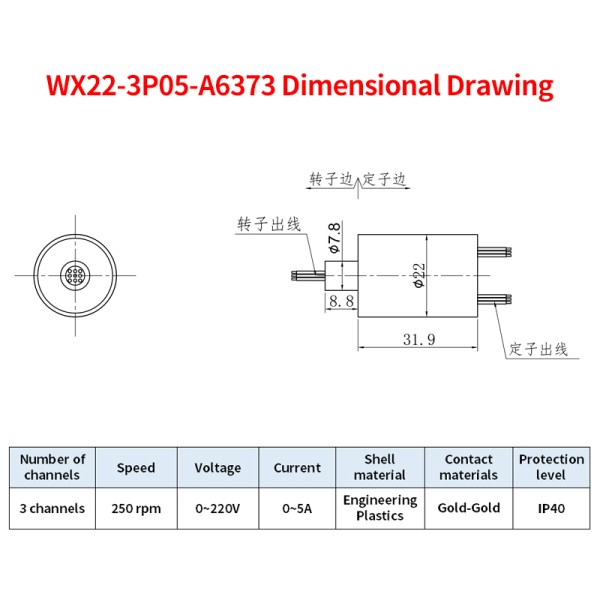 3-channel 5A capsule slip ring with outer diameter 22mm for security and consumer electronics
