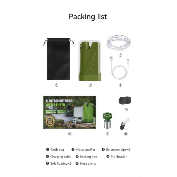 Outdoor Water Filter Electric Water Purifier Portable Charging Pump Water Dispenser With Night Light Compass Emergency