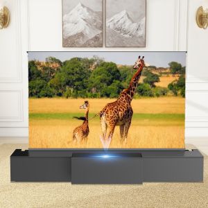 Mueble de TV láser deslizante inteligente negro, mueble de TV láser motorizado