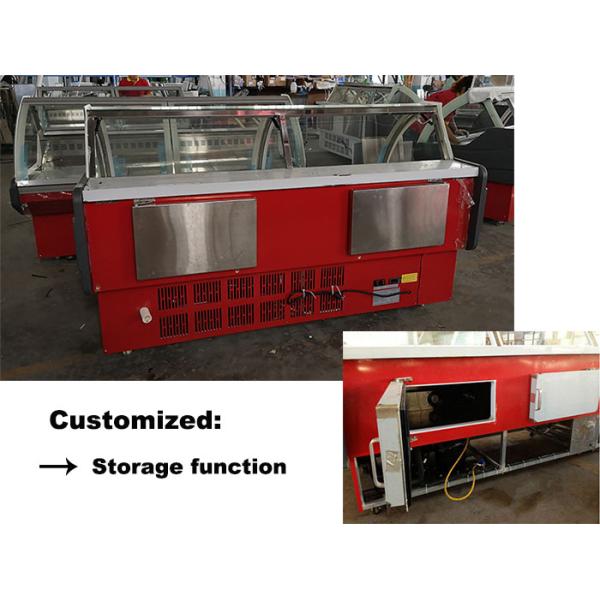 Изогнутое сальто вверх по стеклянному холодильнику дисплея мяса двери для палачества ходит по магазинам реклама