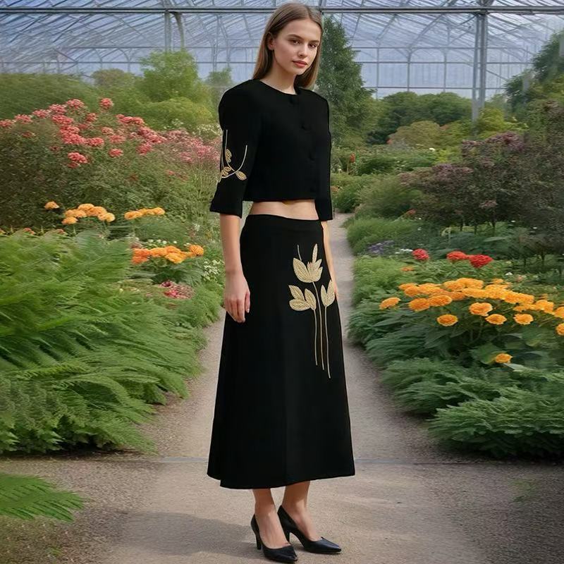 Women's Embroidered Crop Jacket & Skirt Set with Golden Leaf Embroidery High-Waisted Skirt and Polyester Blend Fabric