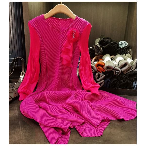 Versatile Design Solid Color Long Sleeve Midi Plus Size Fish Scale Pleated Slimming Three-Dimensional Front Button New Stylish