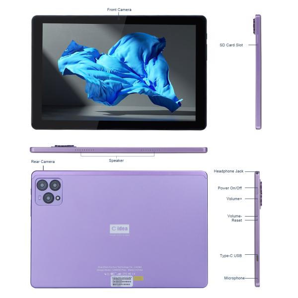 C Idea 10 дюймовый Android 12 Tablet 8 ГБ оперативной памяти 256 ГБ ROM Модель CM8000PLUS Фиолетовая