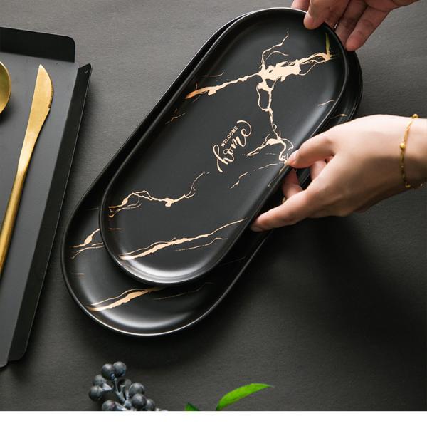 Black Marble Lead Free Ceramic Serving Tray Round Oval Non Toxic