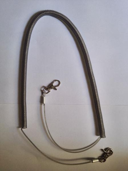 Transparent gray stianless wire rein-forced coil tether cord with egg hook & quick release