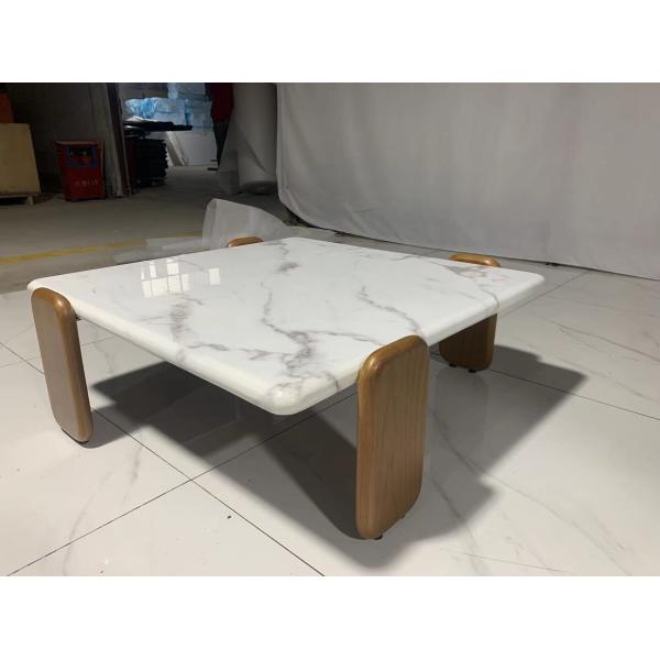 indoor Square Carrara White Marble Coffee Table with White Wax Solid wood Legs