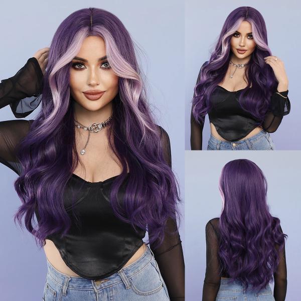 Fashion Long Body Wave Hair Purple Synthetic Wigs For Women