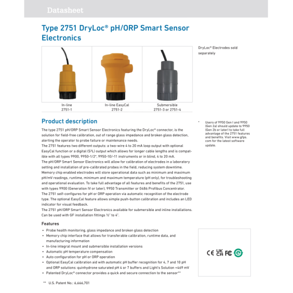 GF Signet Type 2751 DryLoc pH ORP Smart Sensor for Wastewater Treatment with Plastic Material and Universal Motor