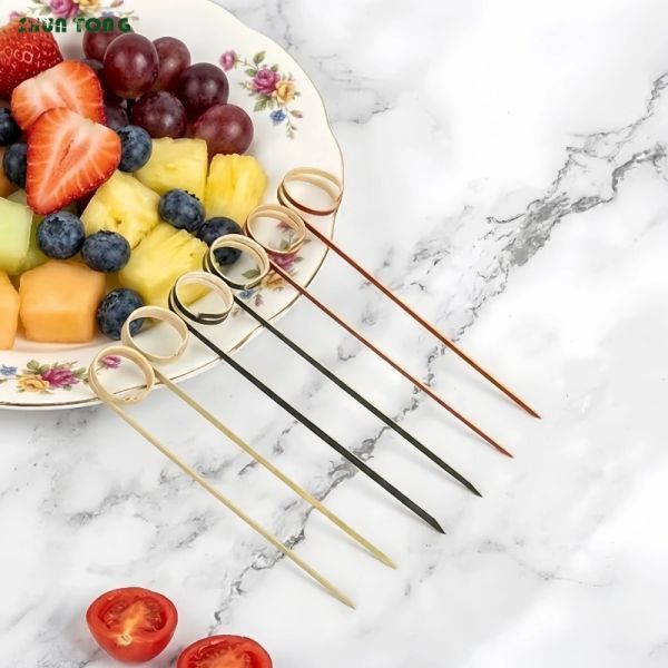 Colorful Bamboo Cocktail Sticks Looped Skewers For Drinking Burgers 150mm