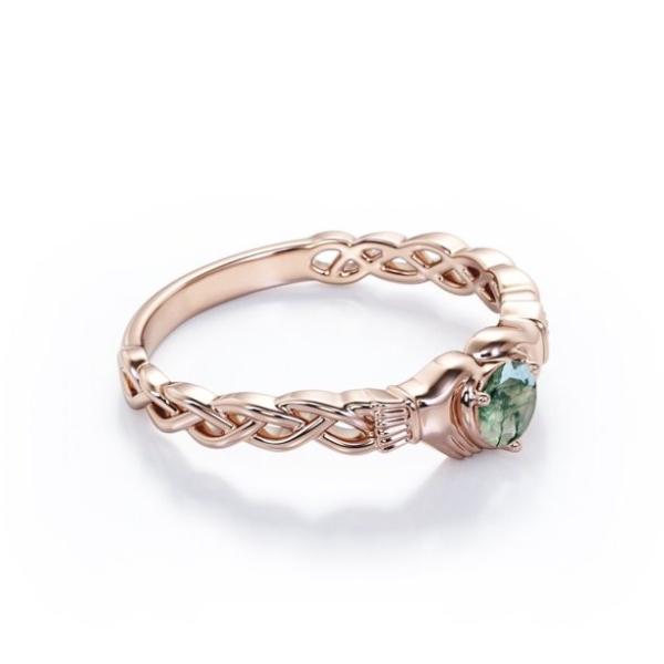 Агат зеленого цвета мха Druzy круглого гениального отрезка ясный - заплетенное обручальное кольцо