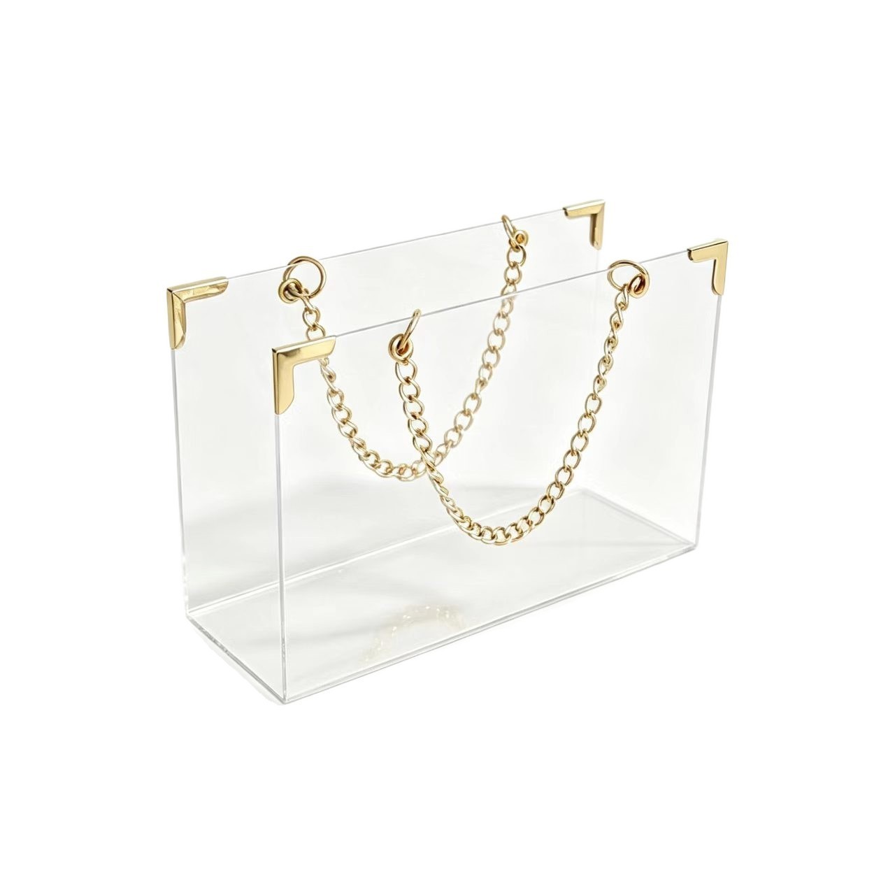 Clear Acrylic Flower Box Handbag with Gold Chain Handle — Transparent Acrylic Bag Floral Gift Tote for Wedding Favors, Bridesmaid Proposals & Event Deco