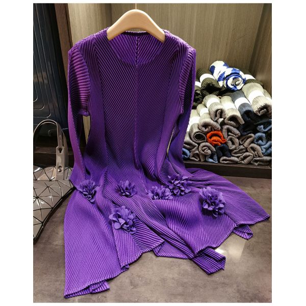 High-end 3d Flower Round Neck Long Sleeve Pleated Plus Size Women's Dresses