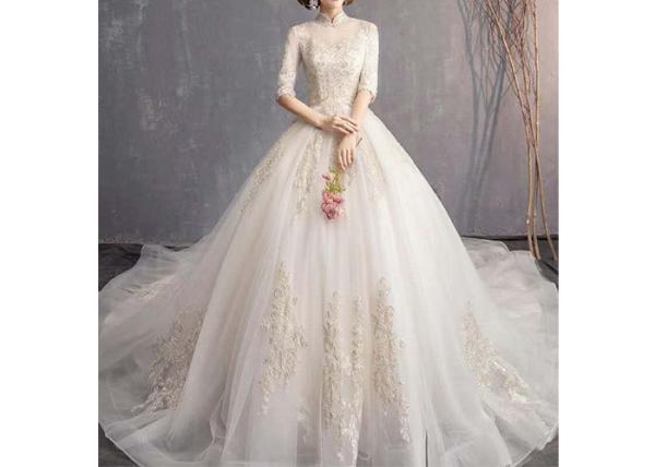 Fashion Off White Long Tail Wedding Dress With Half Sleeve And High Collar