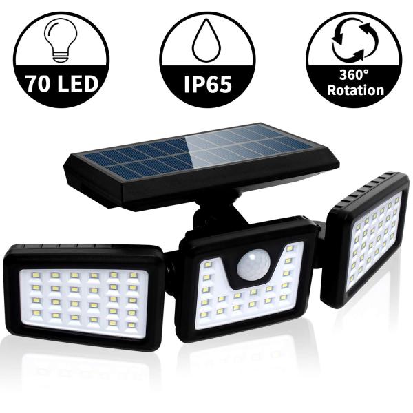 Lumière murale solaire tournante à trois têtes Capteur de corps LED Lumière 800 lumens