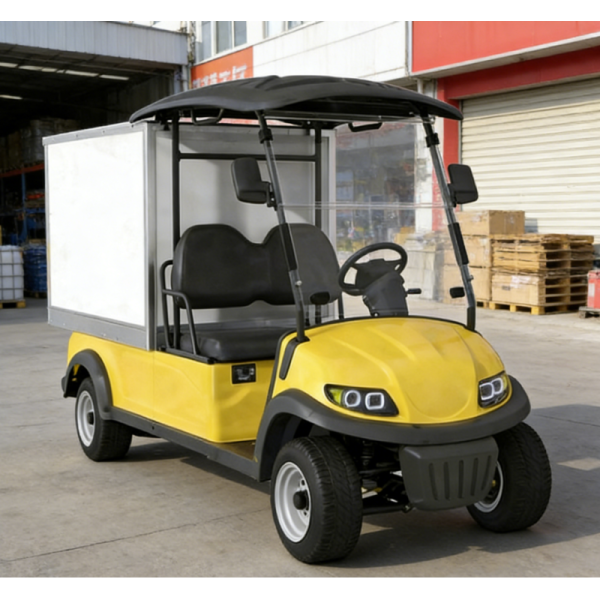 Compact Footprint 2 Seats Electric Golf Utility With Weatherproof Lockable Cargo Box with Display and Bluethooth Roof Warning Lights