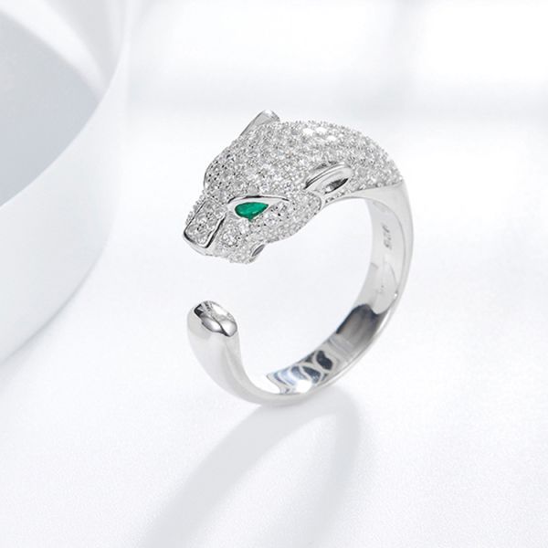 925 Sterling Silver Plated 18K European and American Fashion Animal Leopard Head Couple Ring