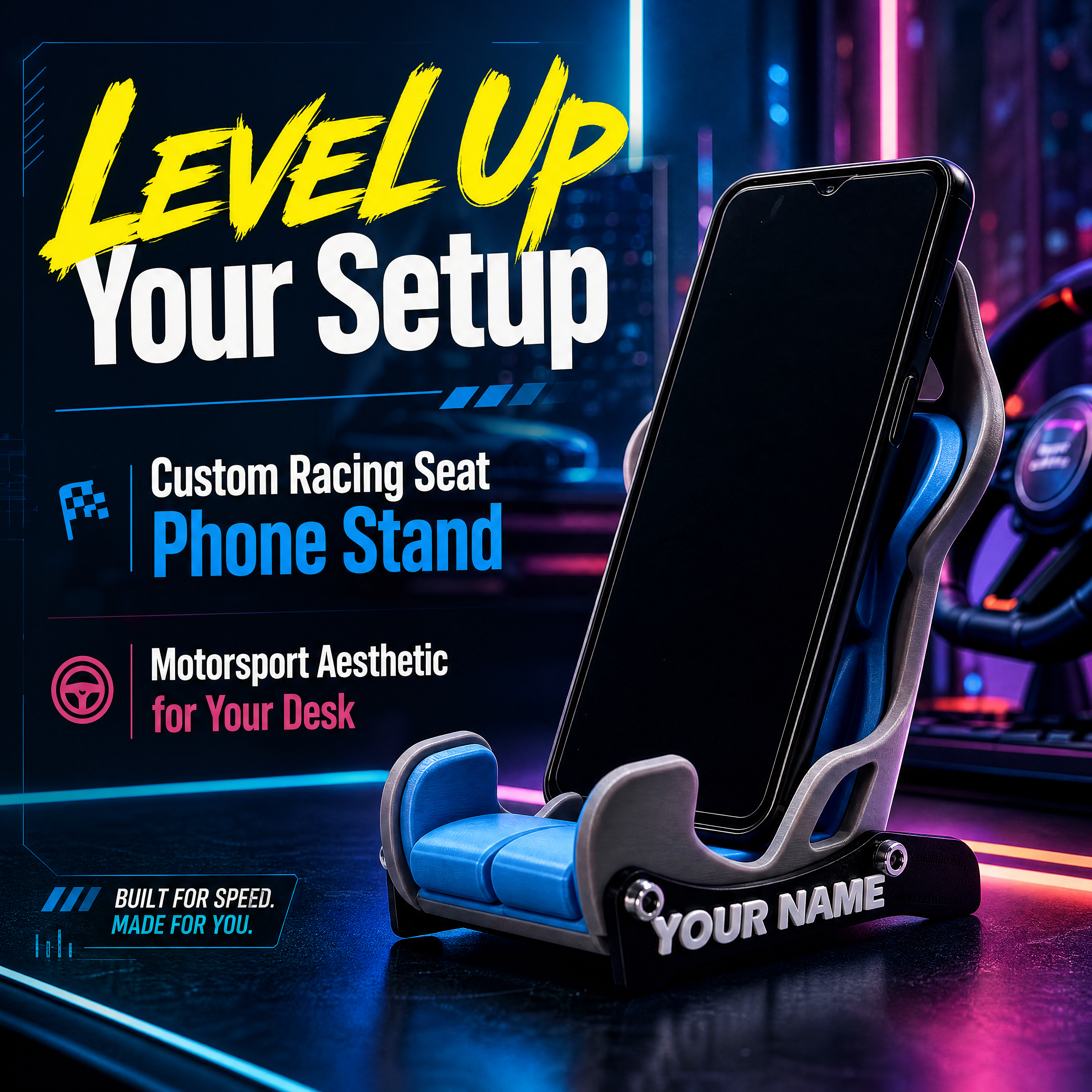 Multi Color Digital 3D Printing Custom Text Racing Seat Shape Cell Phone Holder