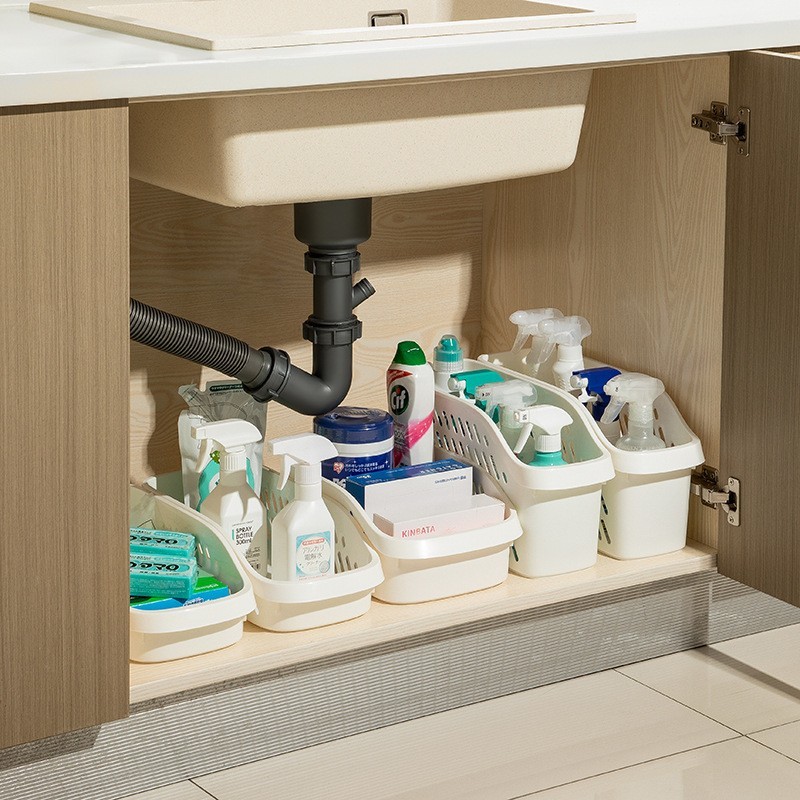 Cabinet Storage Box Under the Kitchen Sink Clutter Storage Basket Removable with Pulley Storage Basket Plastic