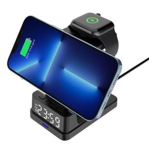 Three In One Qi Wireless Charger Clock Stand 15W FCC Certified