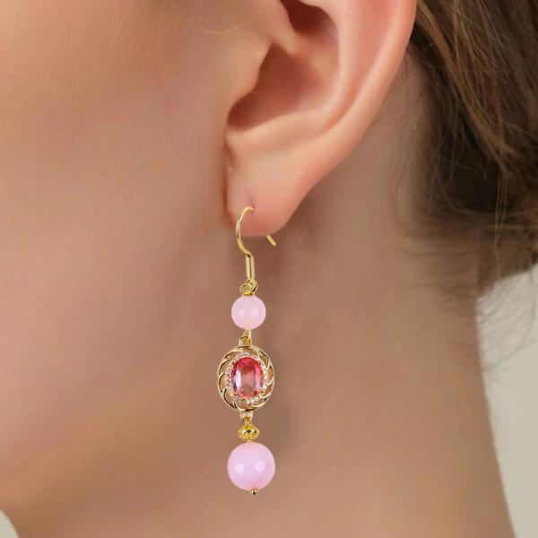 Multifacted Natural Crystal Rose Quartz Round Shape Bead With Pink Oval Shape Charm Beaded Earring