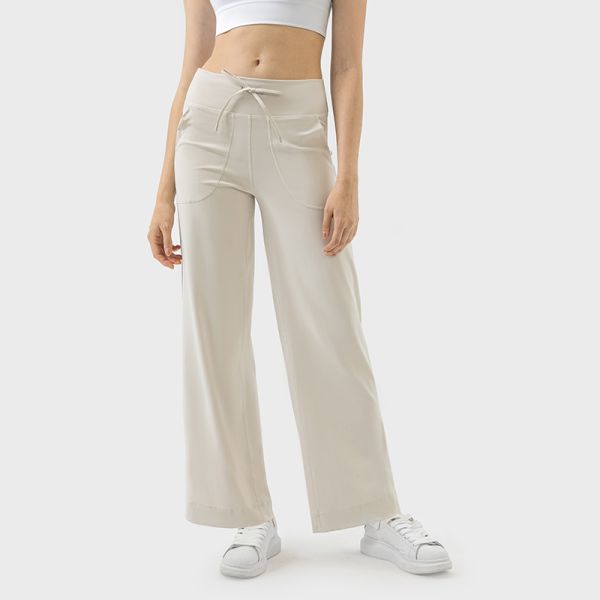 High Waisted Beige Satin Wide Leg Yoga Pants with Pockets Breathable Stretchable