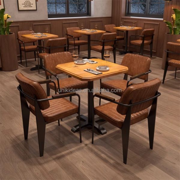 New Arrival Commercial Restaurant Furniture Dining Table Set with PU Leather Armchairs Square Wood Table for Cafe Bar Hotel
