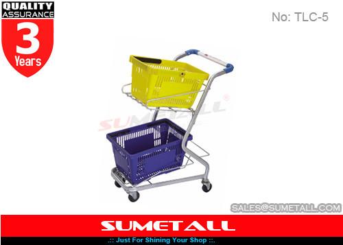 High Grade Steel Supermarket Shopping Trolley Cart For Two Plastic Baskets