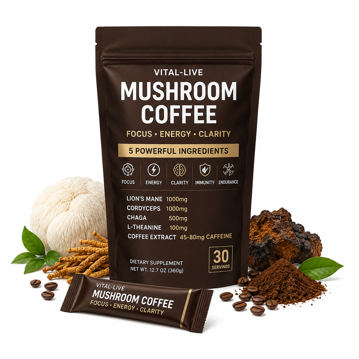 High Potency Mushroom Coffee Blend Focus Products With 1000mg Lion'S Mane 100mg